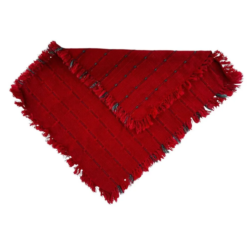 Set Of 4 Handmade Woven Red Placemats & Napkins Fringe Edges & Green Accent